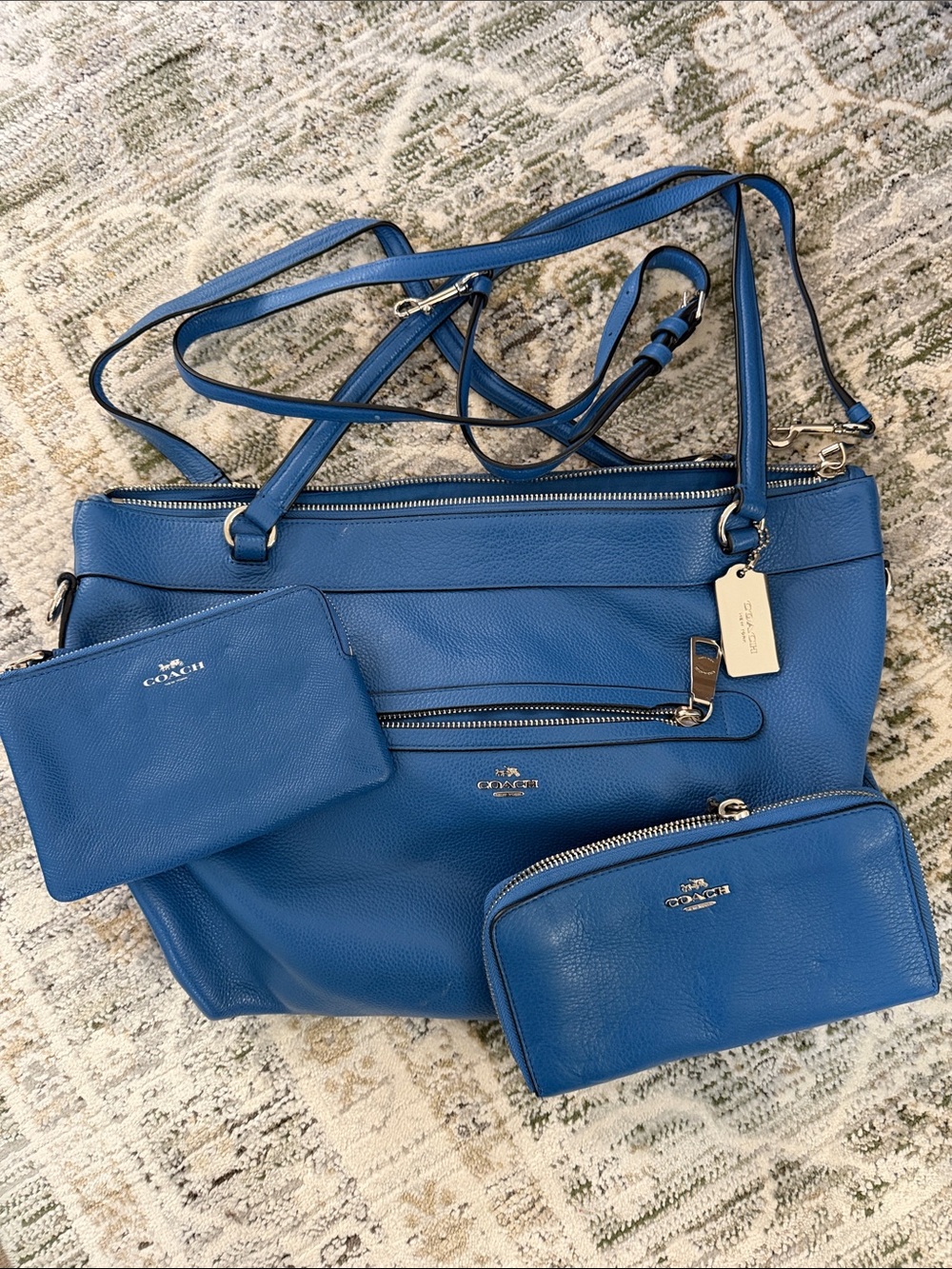 Coach Blue Pebbled Leather Tote with Removable Pouches